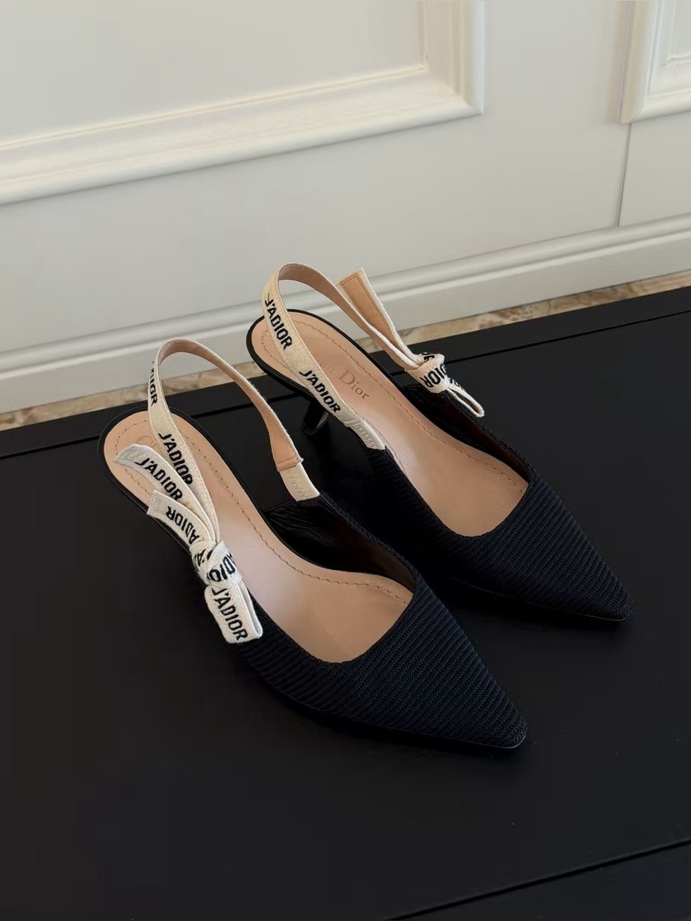 Dior Black Pointed Slingback Heels with J'Adior Ribbon